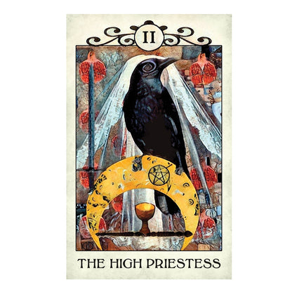 Tarot card titled 'The High Priestess' featuring a black bird and crescent moon.