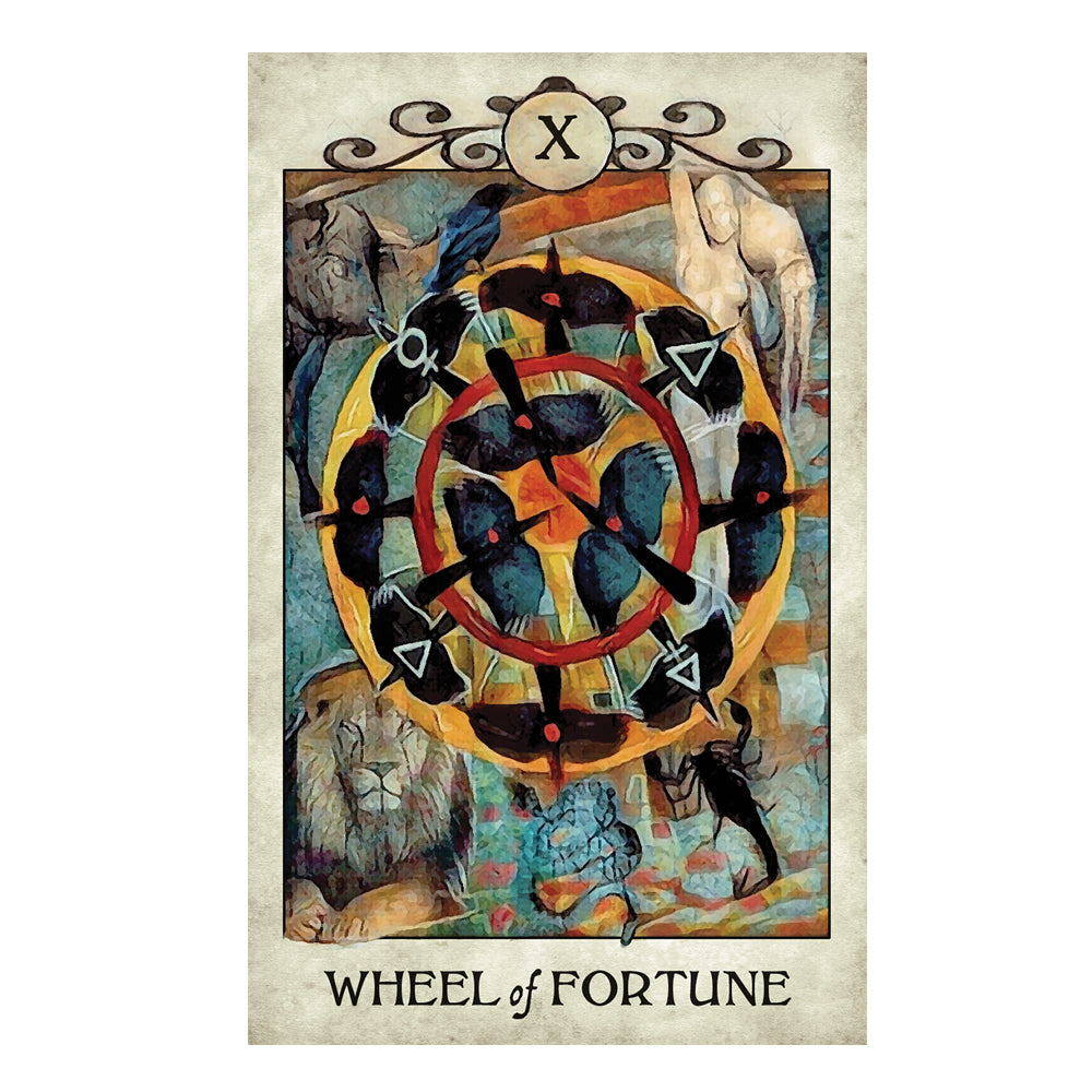 Wheel of Fortune tarot card with animals and symbols on a beige background