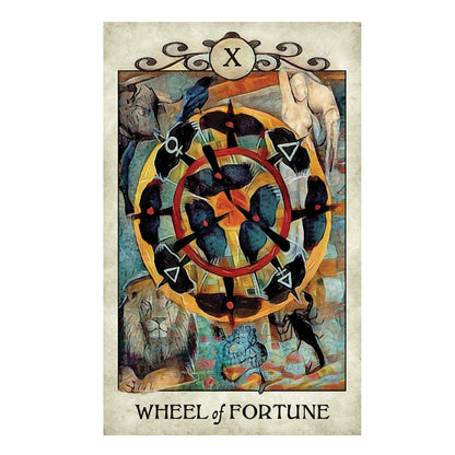 Wheel of Fortune tarot card with animals and symbols on a beige background