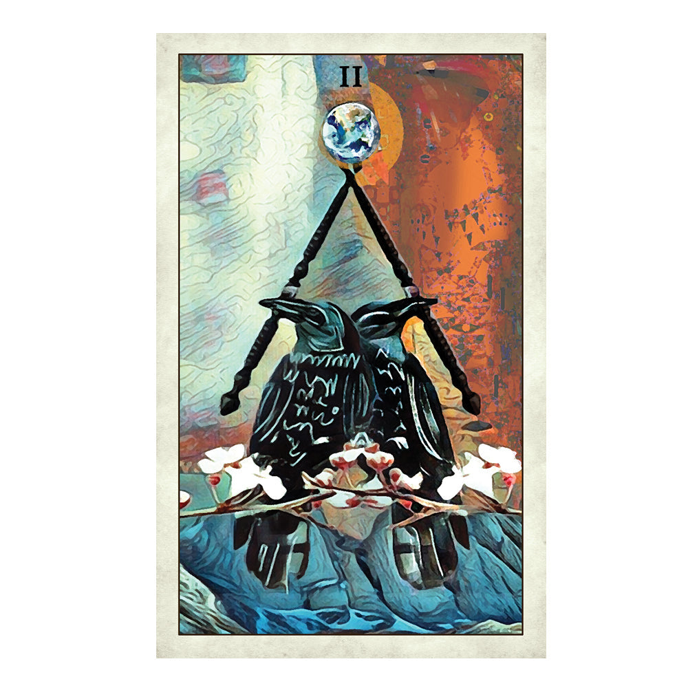 Abstract artwork with a central figure holding a staff, surrounded by abstract shapes and colors.