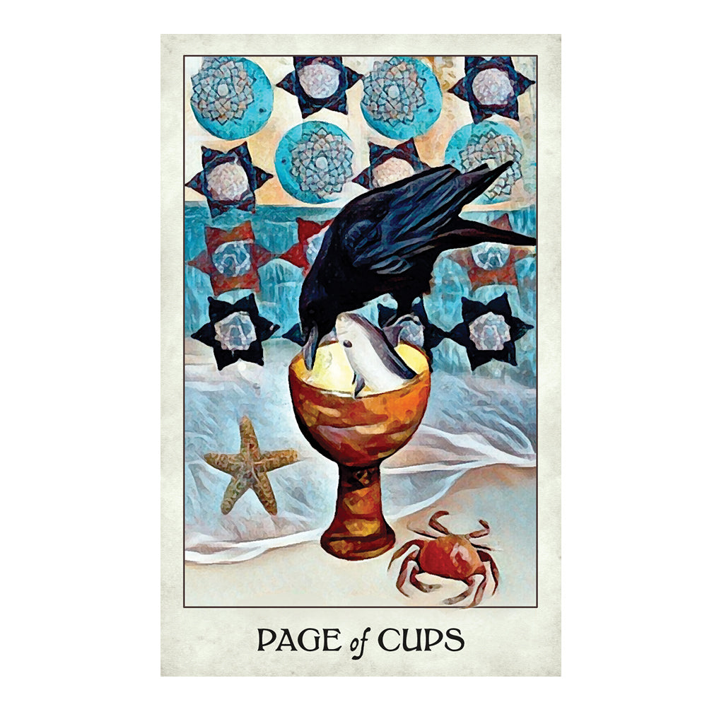 Tarot card titled 'Page of Cups' with a crow, cup, and starfish on a blue and white background.