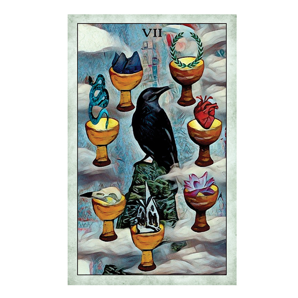 Tarot card with a black crow and various symbols on a textured background - VII of Cups