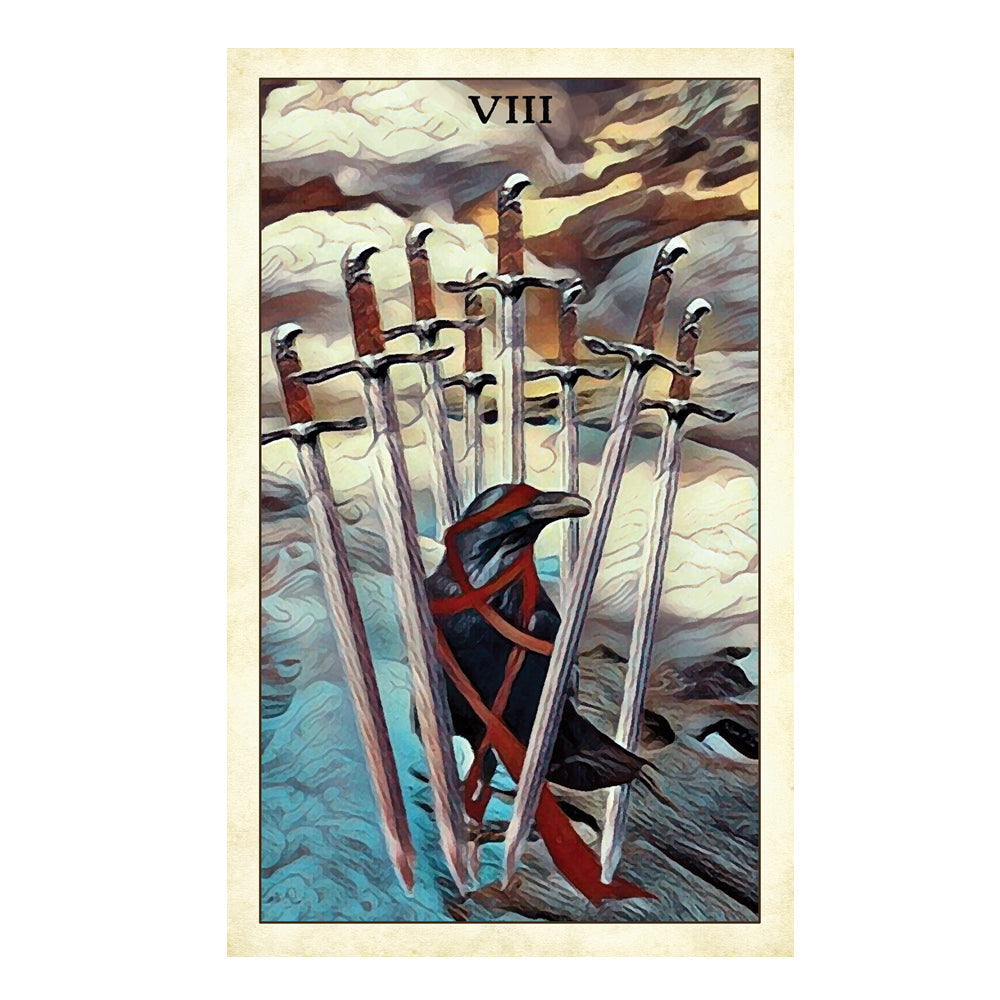 Tarot card with swords and a raven, symbolizing the Eight of Swords card.