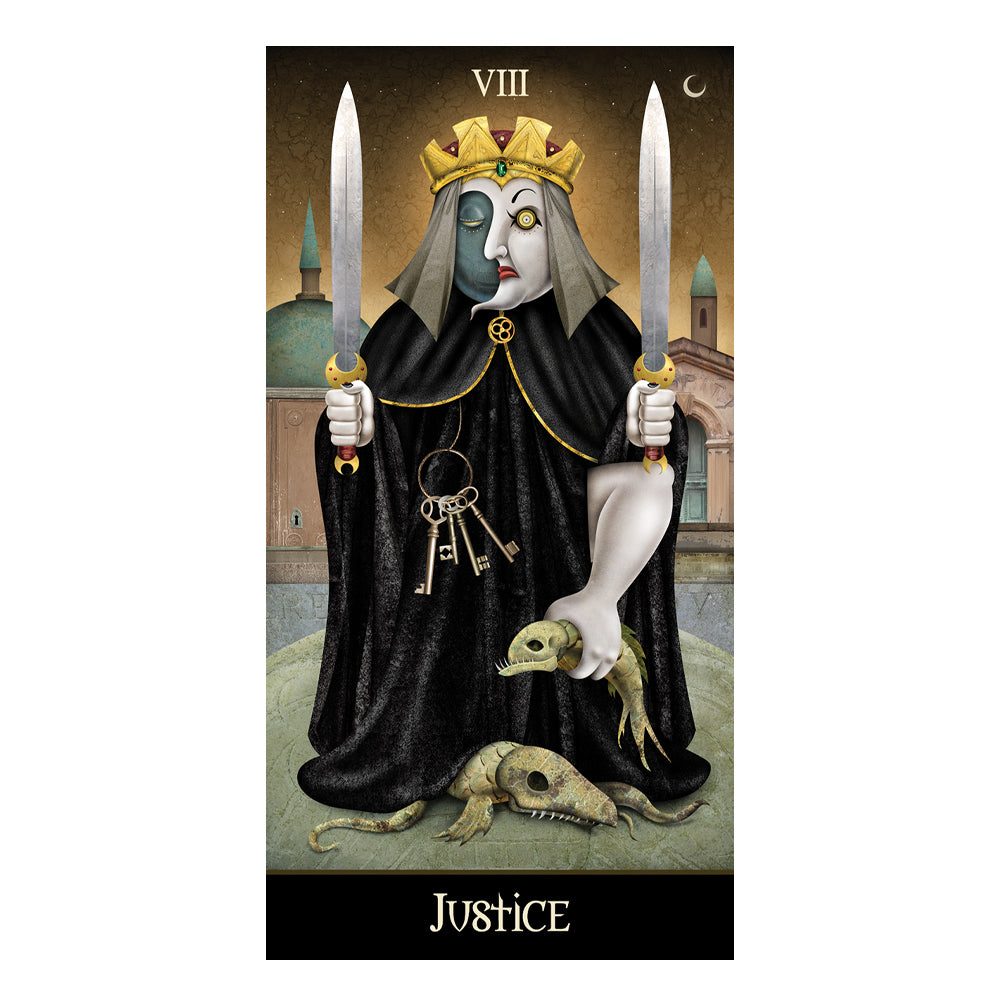 Tarot card featuring a figure holding two swords with a key and skull at the base, labeled 'Justice'.