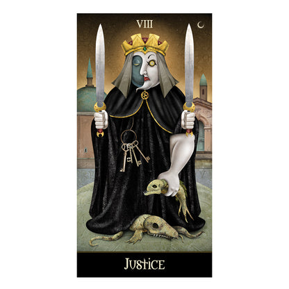 Tarot card featuring a figure holding two swords with a key and skull at the base, labeled 'Justice'.