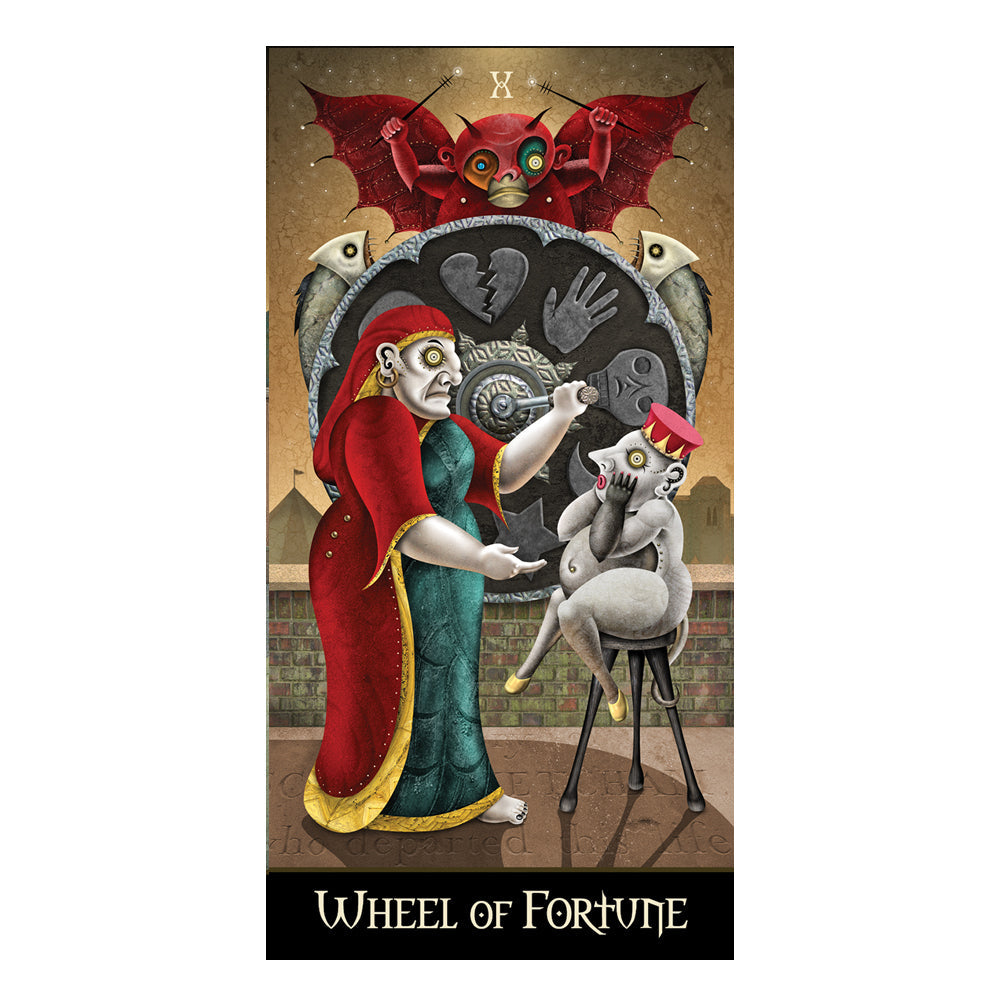 Tarot card titled 'Wheel of Fortune' with a central figure and symbolic elements.