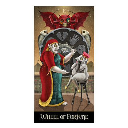 Tarot card titled 'Wheel of Fortune' with a central figure and symbolic elements.