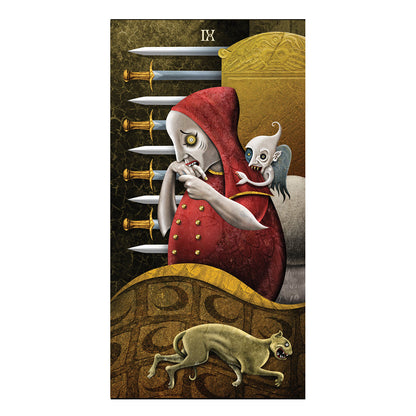 Tarot card with a hooded figure, sword, and panther on a dark background