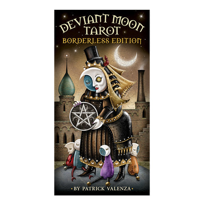 Book cover of 'Deviant Moon Tarot Borderless Edition' featuring an illustrated character with a pentacle symbol.