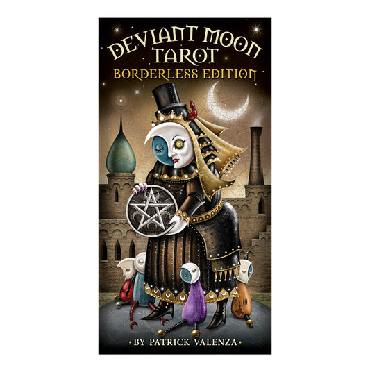 Book cover of 'Deviant Moon Tarot Borderless Edition' featuring an illustrated character with a pentacle symbol.