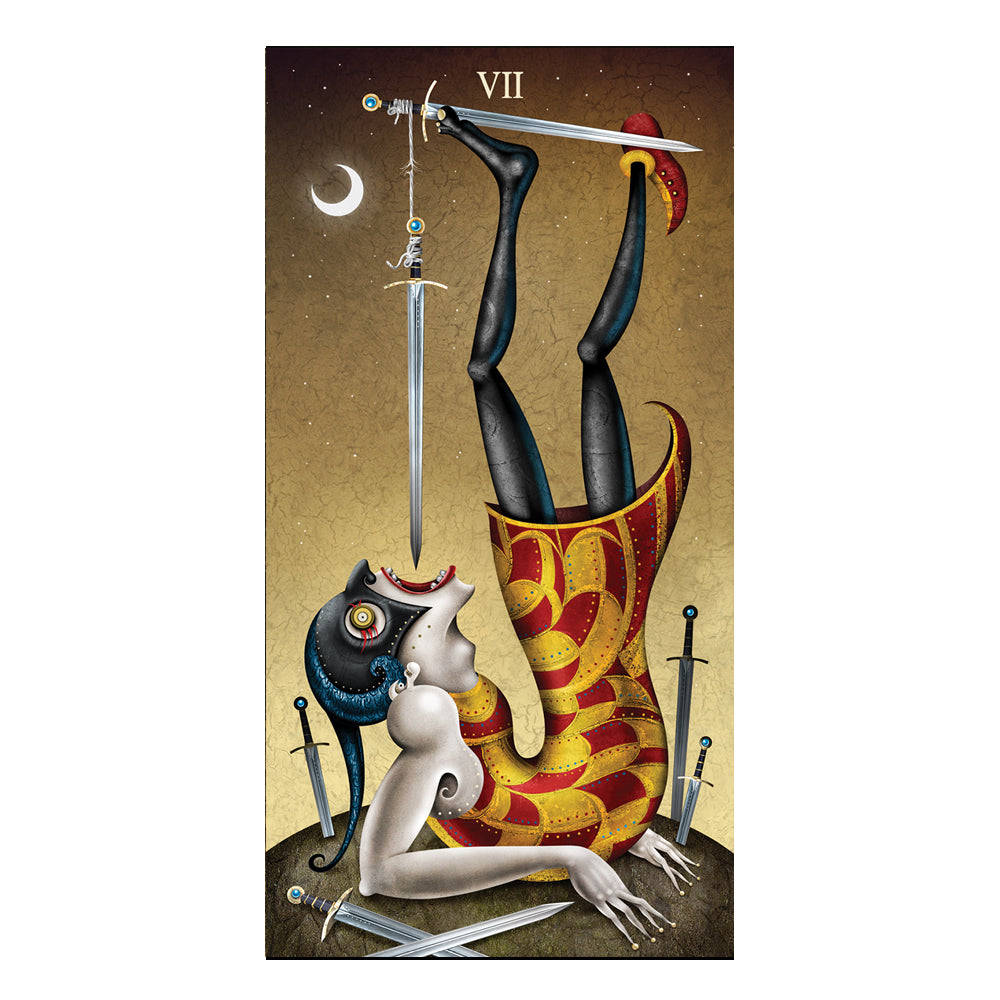 Artistic depiction of a tarot card with a person upside down in a vase, surrounded by swords and an owl.