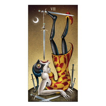 Artistic depiction of a tarot card with a person upside down in a vase, surrounded by swords and an owl.
