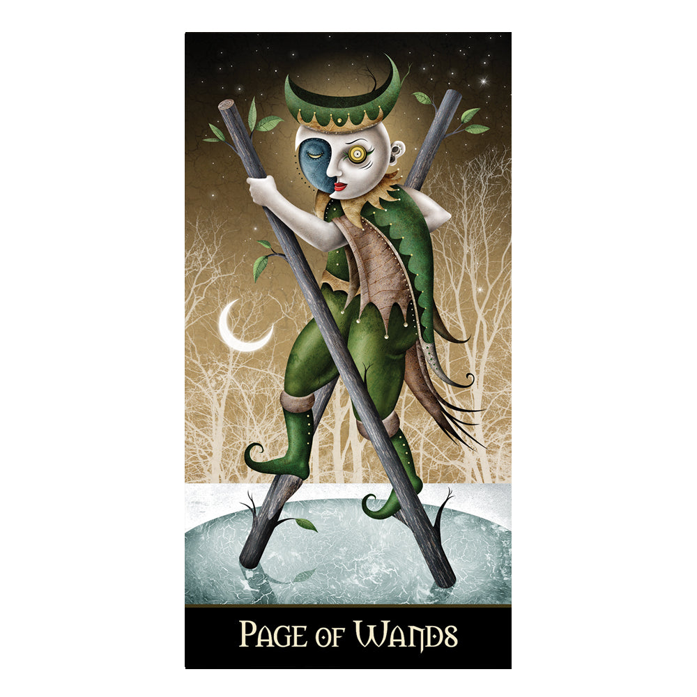 Tarot card featuring a character holding wands with a mystical background