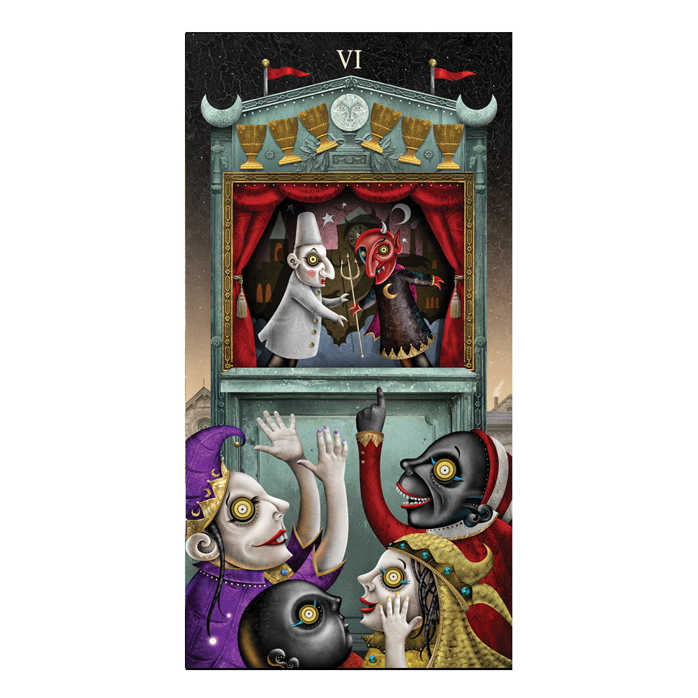 Tarot card with theatrical scene and three faces, featuring a colorful and detailed design.
