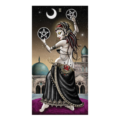 Artistic depiction of a woman with long hair and a black dress holding pentacle symbols against a starry sky and architectural background.