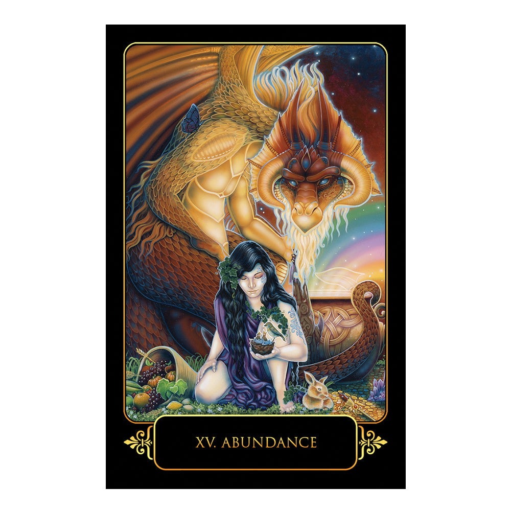 Tarot card titled 'Abundance' featuring a dragon and a woman with a rabbit.