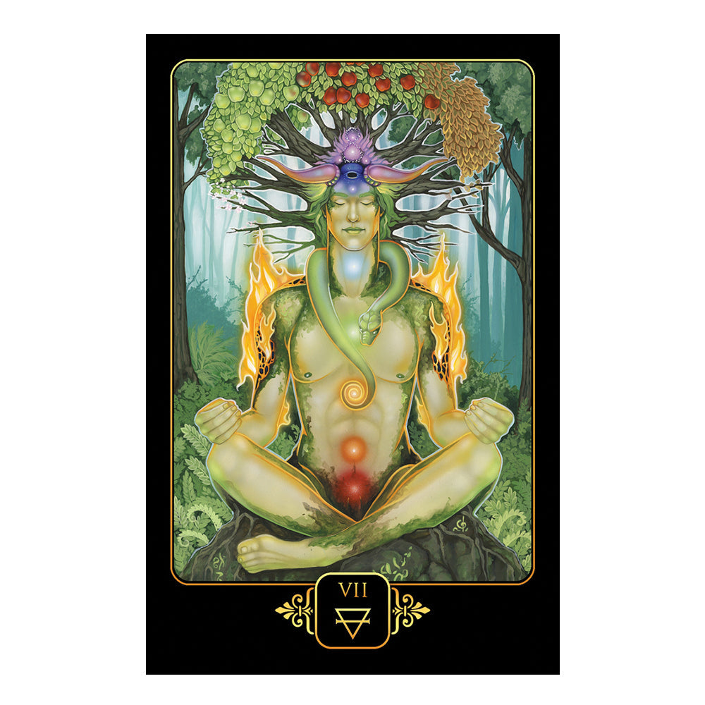 Tarot card with a central figure surrounded by nature elements on a white background