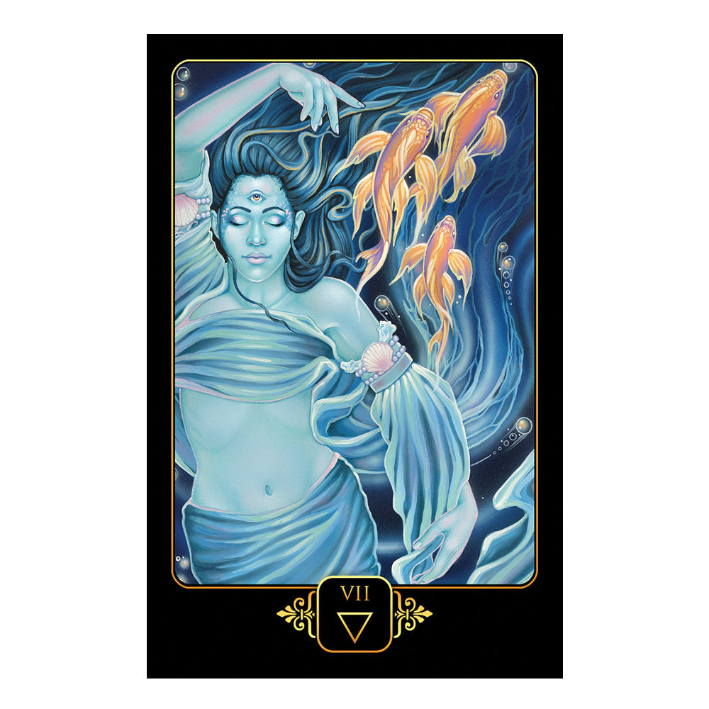 Tarot card with a woman and goldfish design, featuring the number 7.