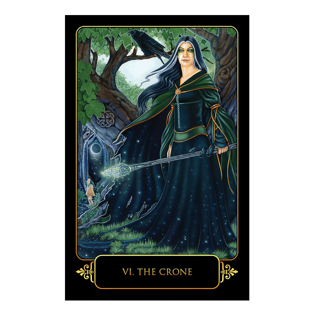 Tarot card featuring a woman in a forest with a raven and a sword, titled 'The Crone'.