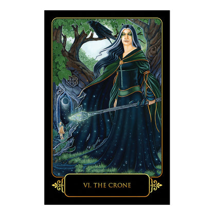 Tarot card featuring a woman in a forest with a raven and a sword, titled 'The Crone'.