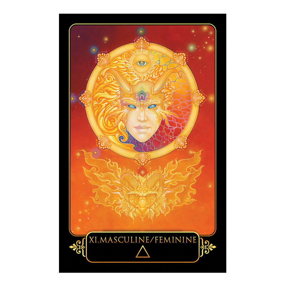 Tarot card with a face and decorative elements on an orange and red background