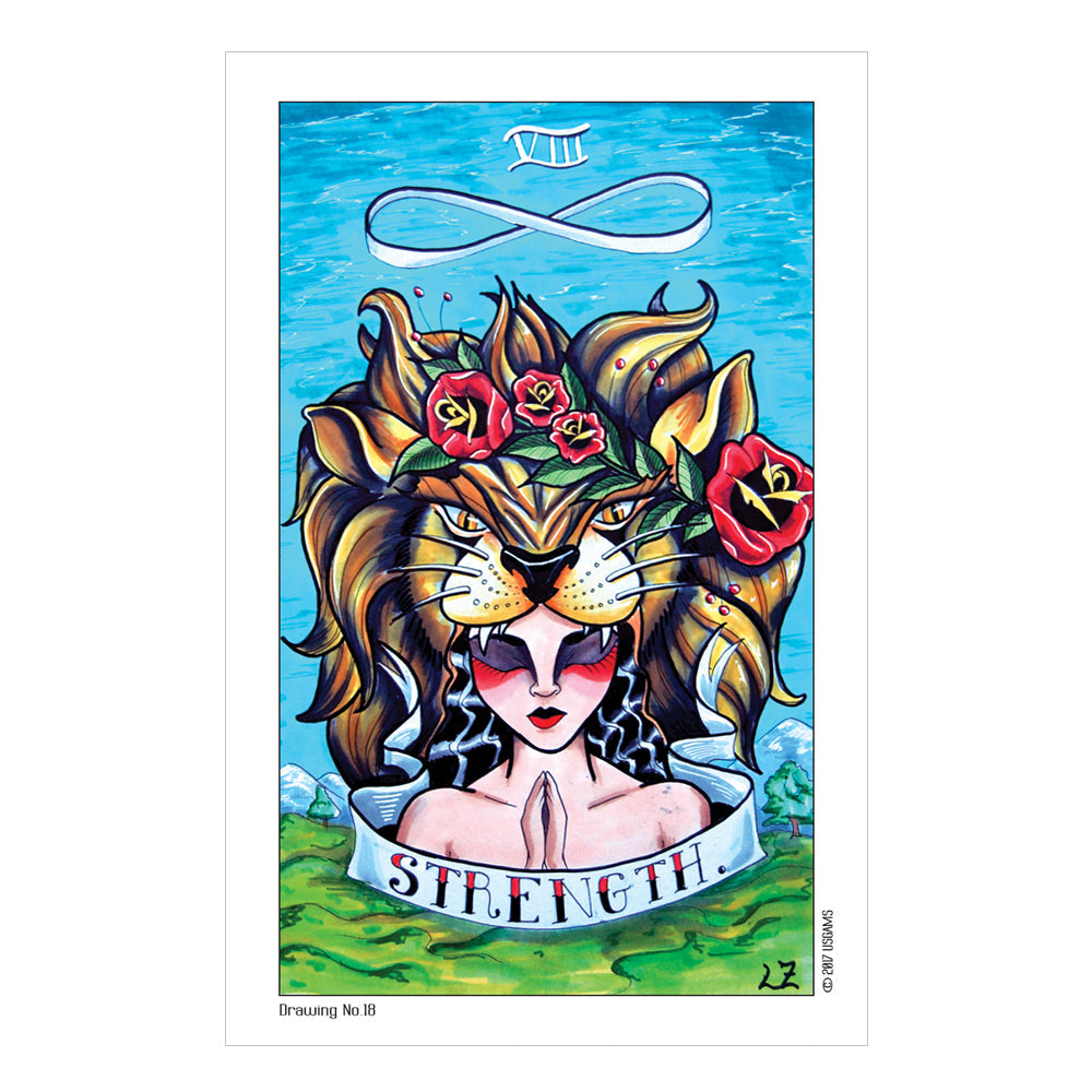 Tarot card featuring a stylized lion with flowers and 'Strength' text on a blue and green background