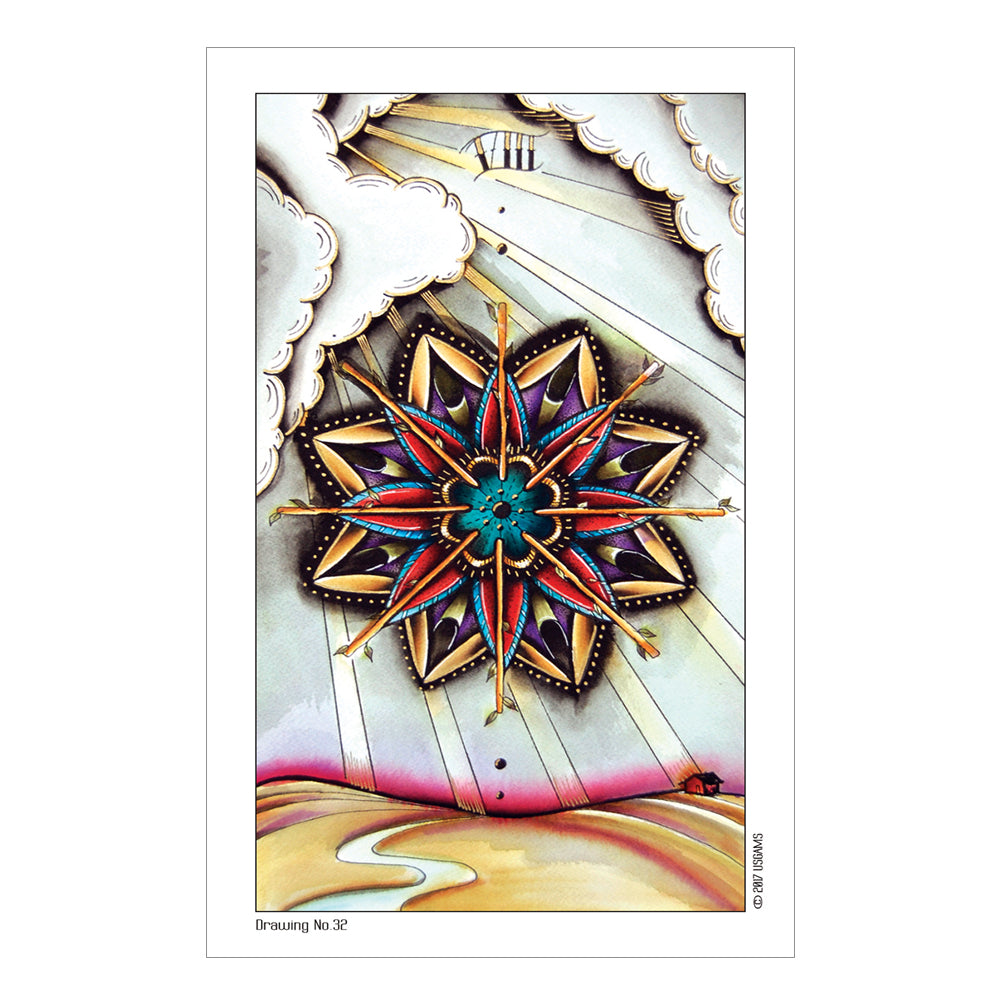 Colorful star-like tarot design on a white background with the Roman numeral 8