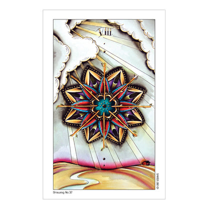 Colorful star-like tarot design on a white background with the Roman numeral 8