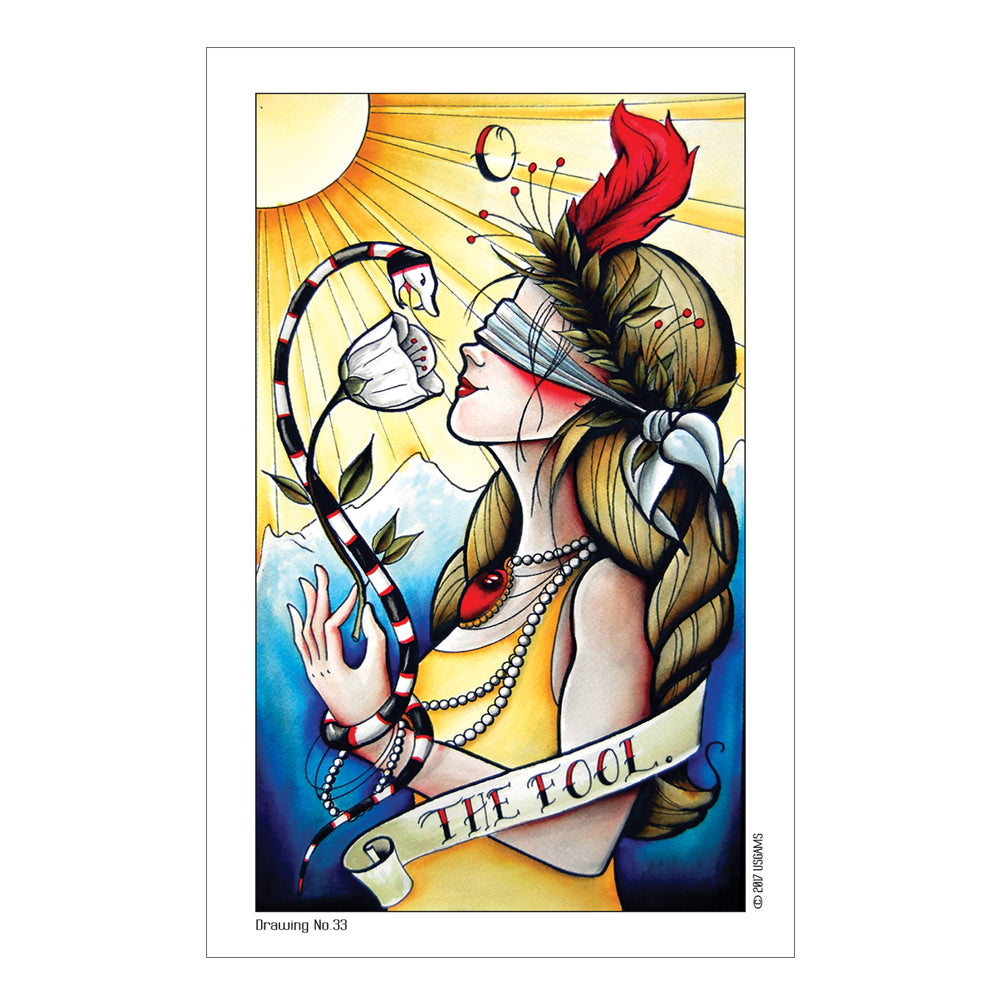 Artistic depiction of 'The Fool' tarot card with a woman holding a staff against a bright background.