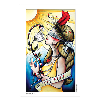 Artistic depiction of 'The Fool' tarot card with a woman holding a staff against a bright background.