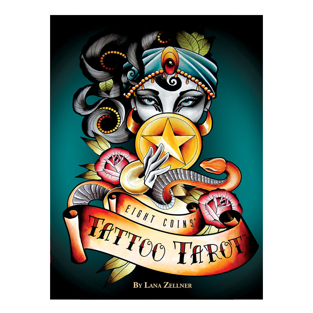 Book cover of 'Eight Coins' Tattoo Tarot' by Lana Zellner with a stylized design featuring a face, star, and text.