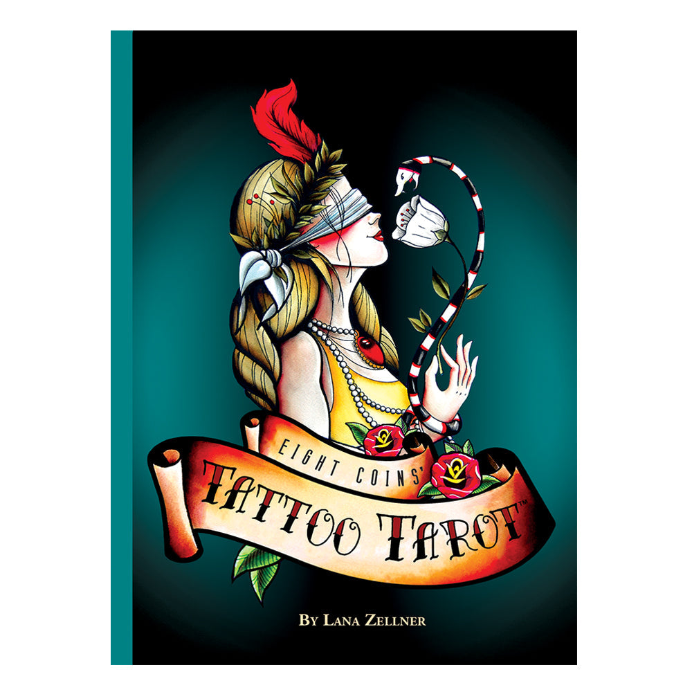 Book cover of 'Tattoo Tarot' by Lana Zellner with a stylized illustration of a woman and snake.