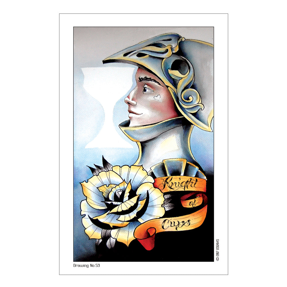 Illustration of a knight with a rose and 'Knight of Cups' text on a white background