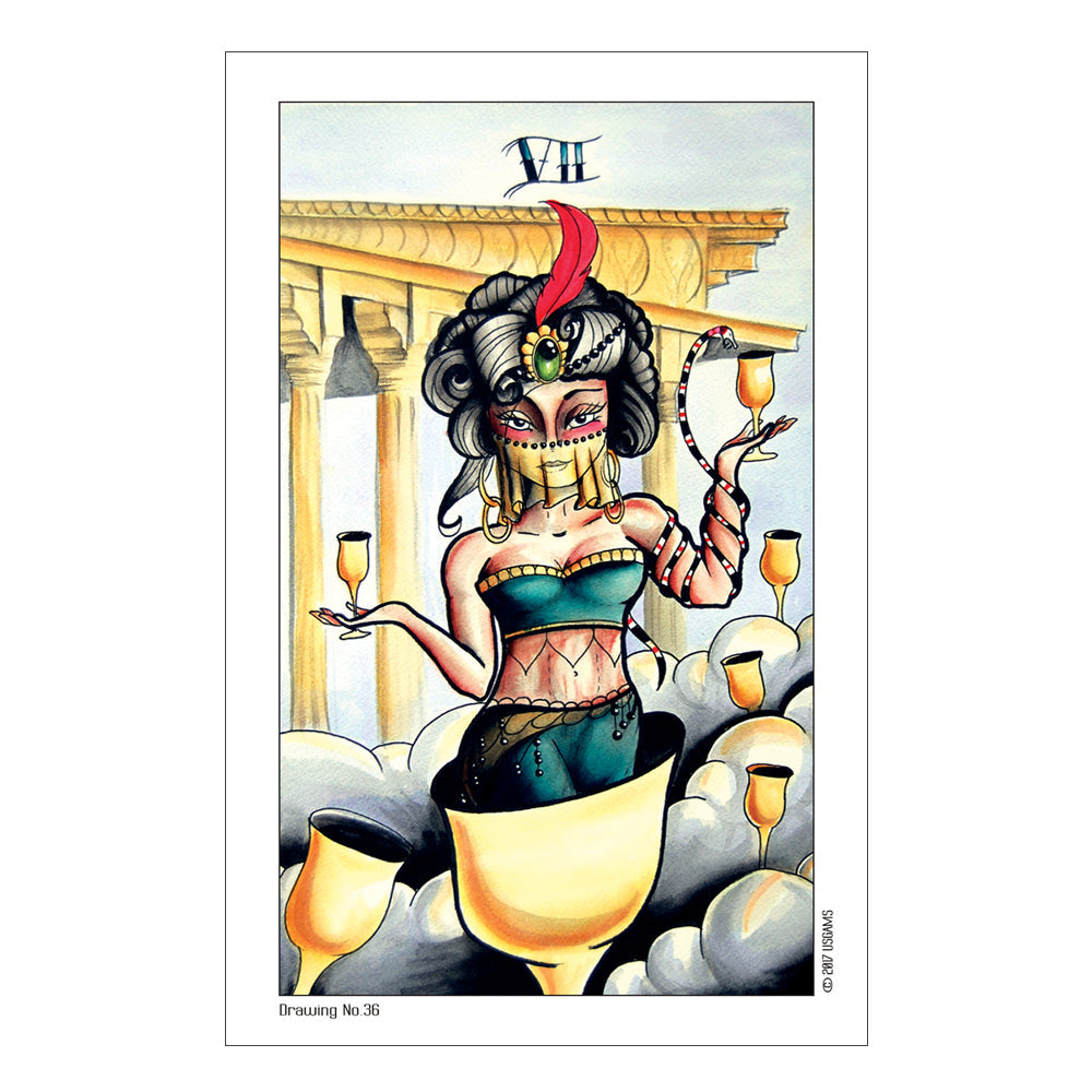 Illustration of a stylized figure with a headdress and multiple glasses, set against a temple-like background for the 6 of Cups