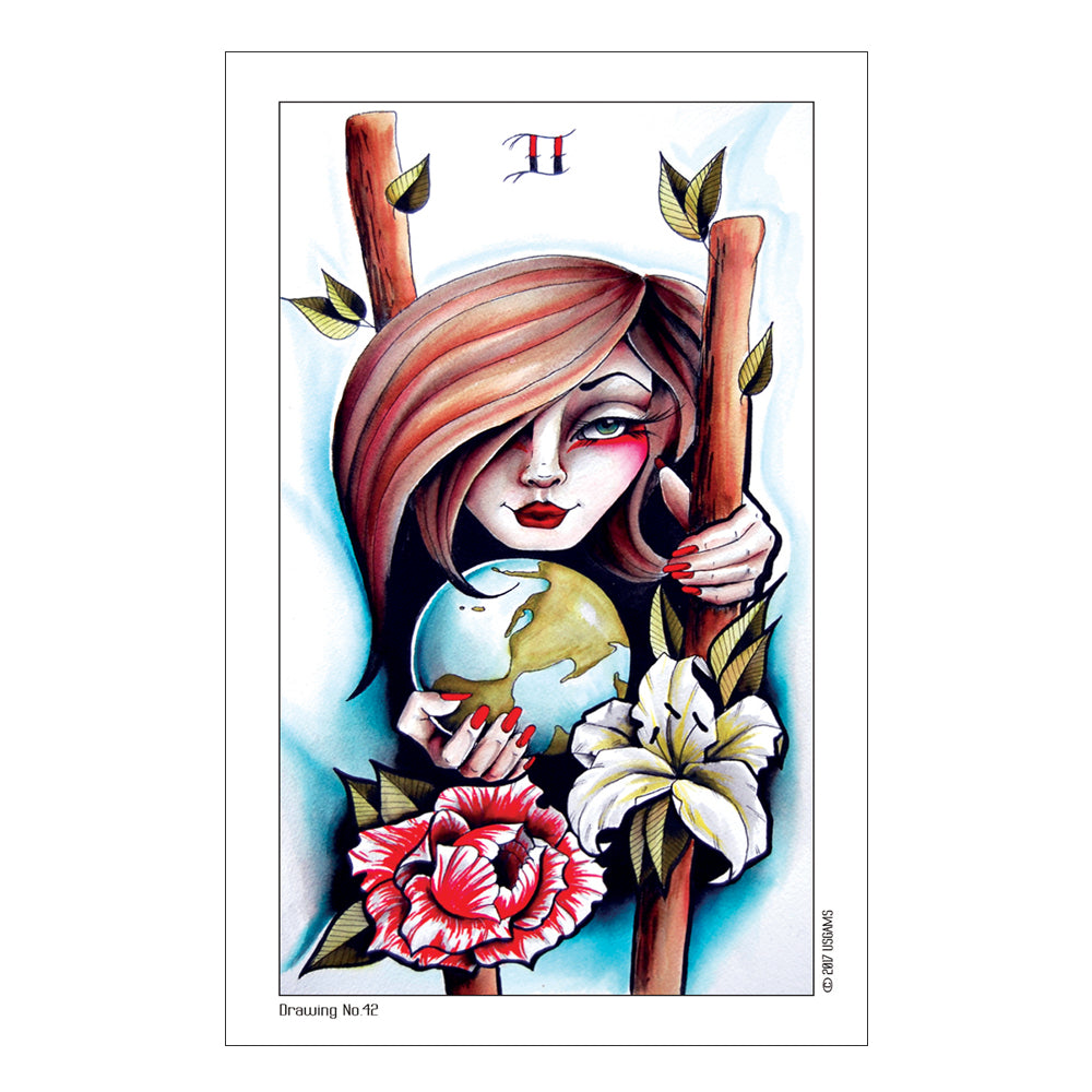 Illustration of a stylized woman holding flowers and a staff with a blue background for 2 of Wands