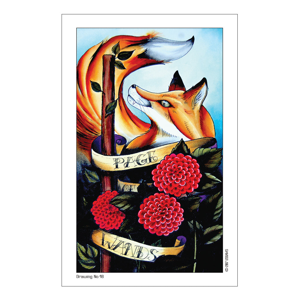 Colorful illustration of a fox with flowers and text on a white background for Page of Wands