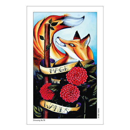 Colorful illustration of a fox with flowers and text on a white background for Page of Wands
