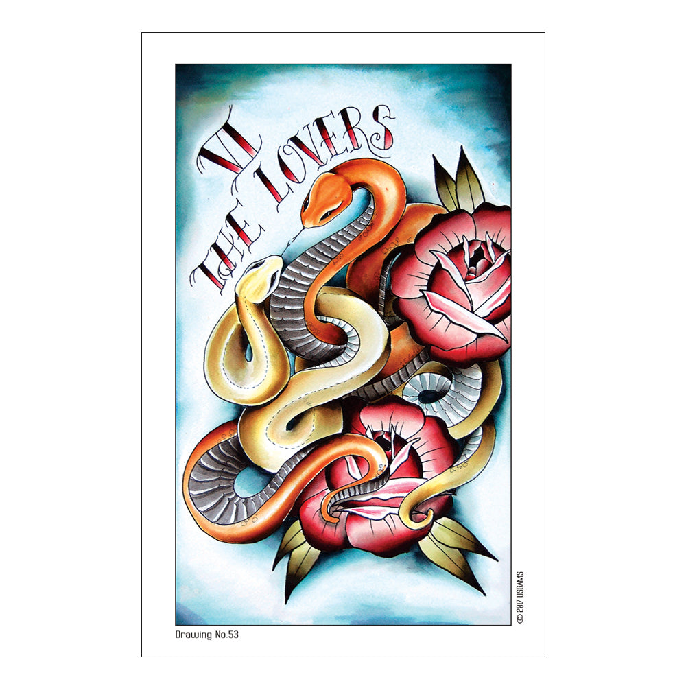 Colorful illustration of intertwined snakes and roses with 'The Lovers' text on a light blue background.