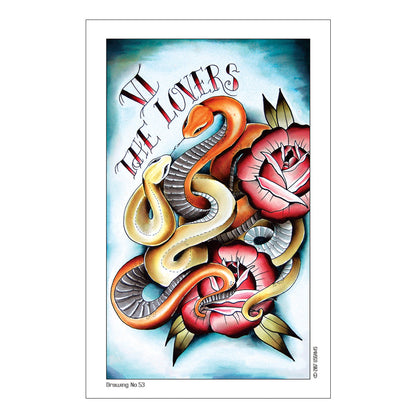 Colorful illustration of intertwined snakes and roses with 'The Lovers' text on a light blue background.