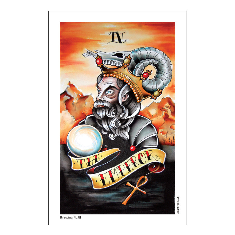 Illustration of a tarot card featuring an emperor with a crown and crystal ball against a fiery background for The Emperor