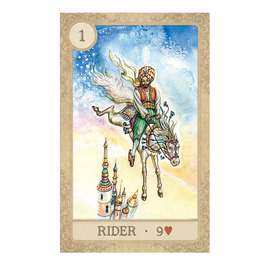 Card featuring a rider on a horse with a colorful background and decorative elements.