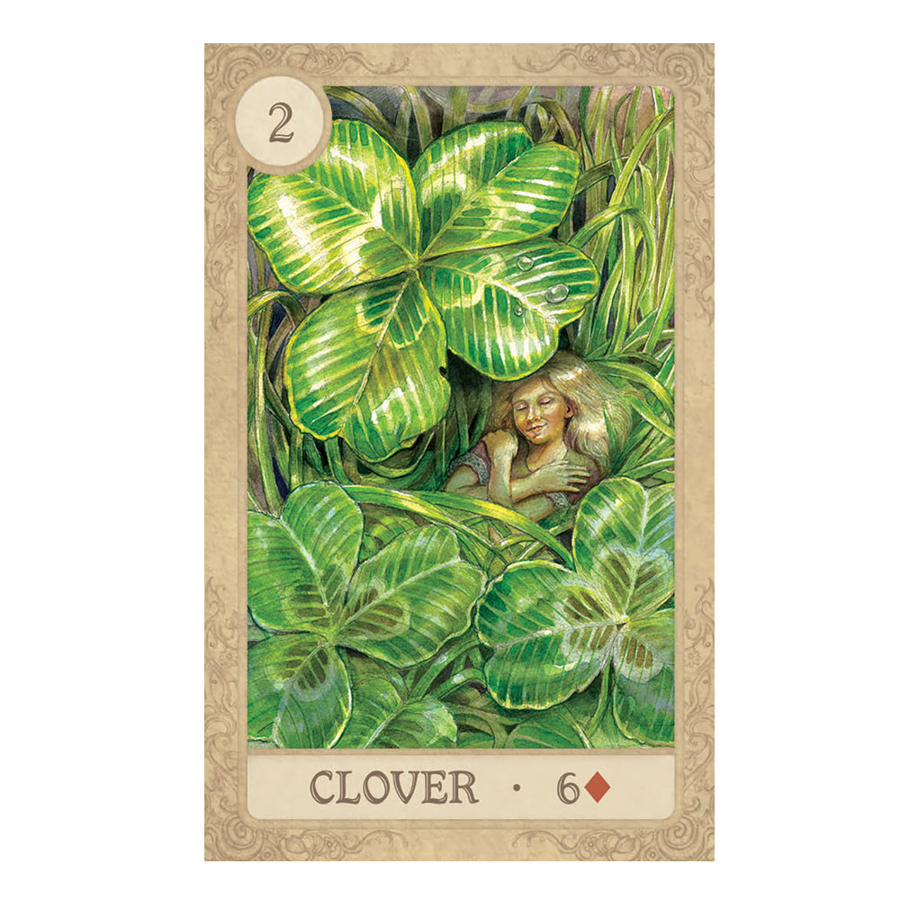 Fairy Tale Lenormand card 2 Clover 6 Red Diamond - a fairy tale person in amongst clover 