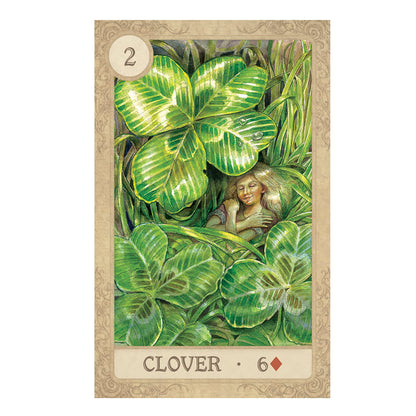 Fairy Tale Lenormand card 2 Clover 6 Red Diamond - a fairy tale person in amongst clover 