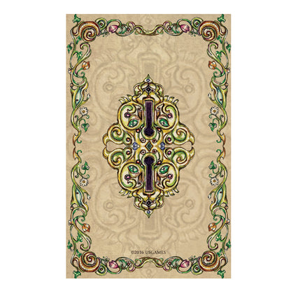 Decorative card with a central key design and intricate border on a beige background