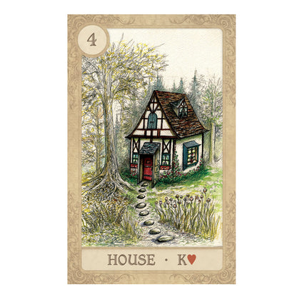 Illustration of a quaint house in a forest with decorative elements and text. - 4 House King Red Heart