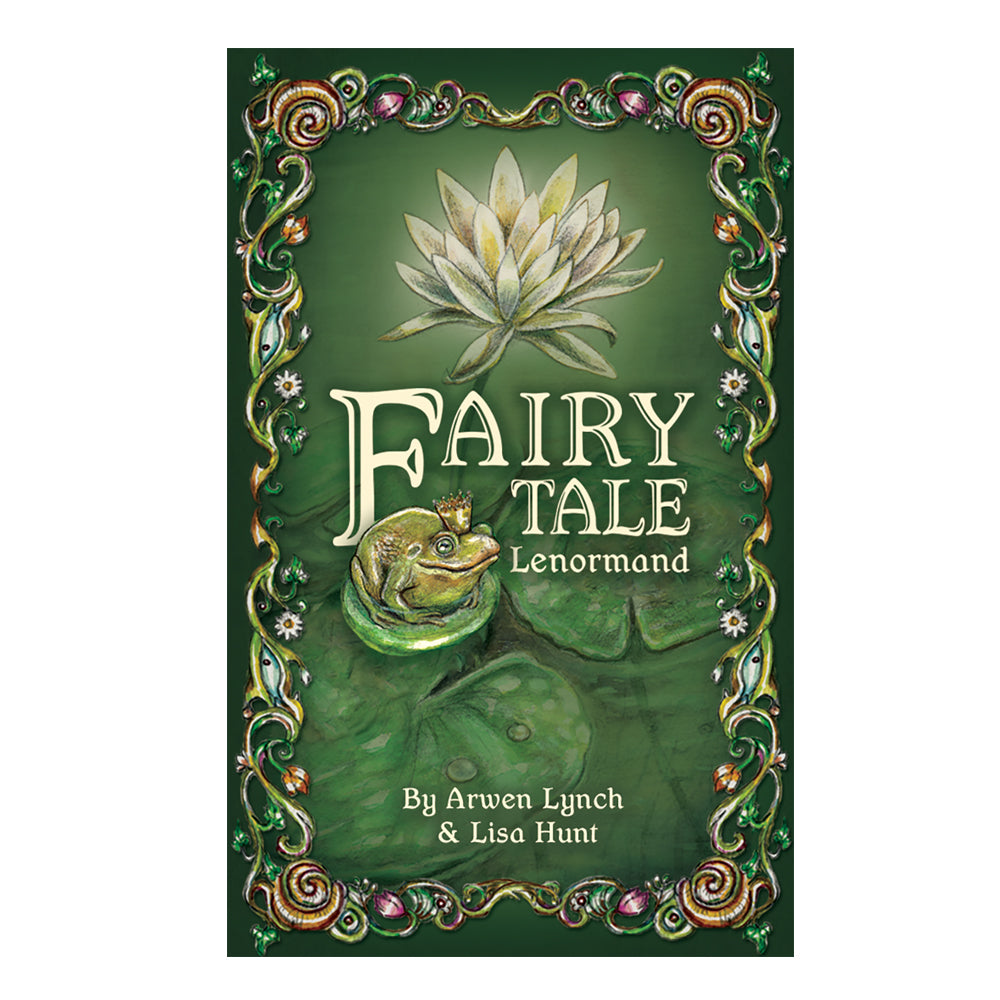 Fairy Tale Lenormand Booklet. Cover is green with a nature border including a frog with a crown on lily pads and a lotus bloomed.