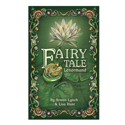 Fairy Tale Lenormand Booklet. Cover is green with a nature border including a frog with a crown on lily pads and a lotus bloomed.