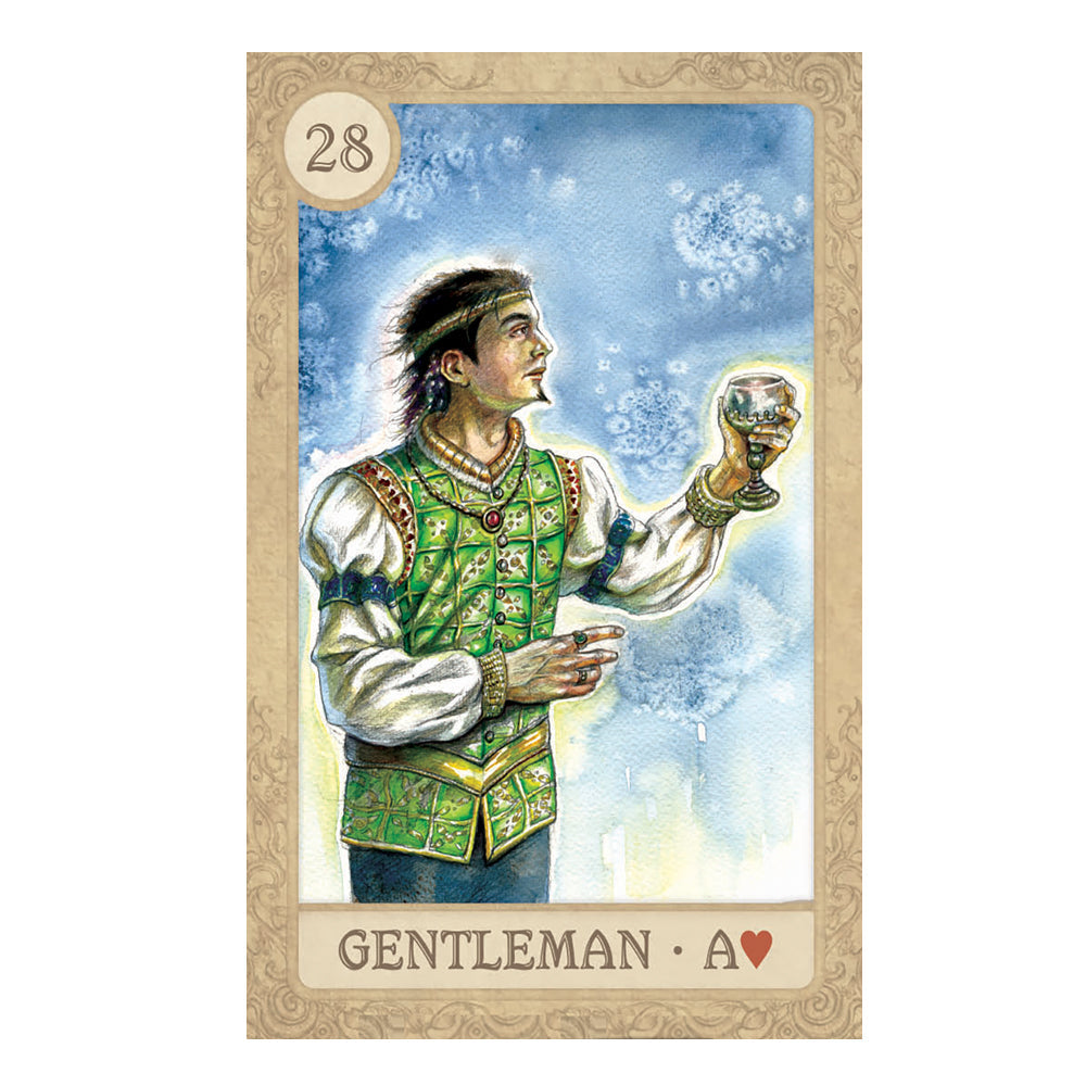 Fairy Tale Lenormand Card - Gentleman wearing a green tunic holding a chalice - 28 - Genlteman - Ace of Hearts