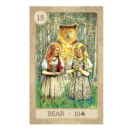 Fairy Tale Lenormand Card - Two little girls stand holding flowers in front of a bear that has the wisp of a human face to one side. 15 Bear - 10 of Clubs