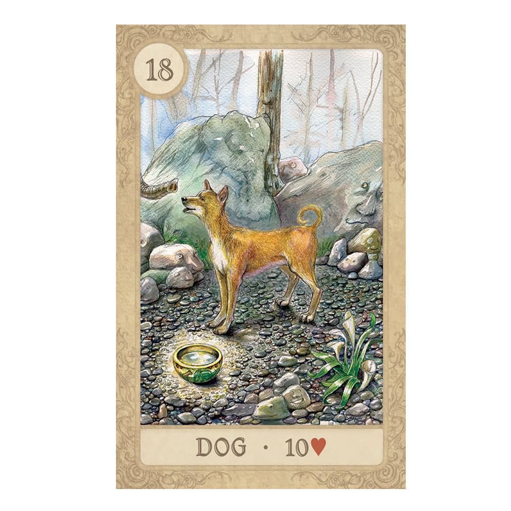 Fairy Tale Lenormand Card with a dog standing on a rocky path, surrounded by nature elements. 18 - Dog - 10 of Hearts